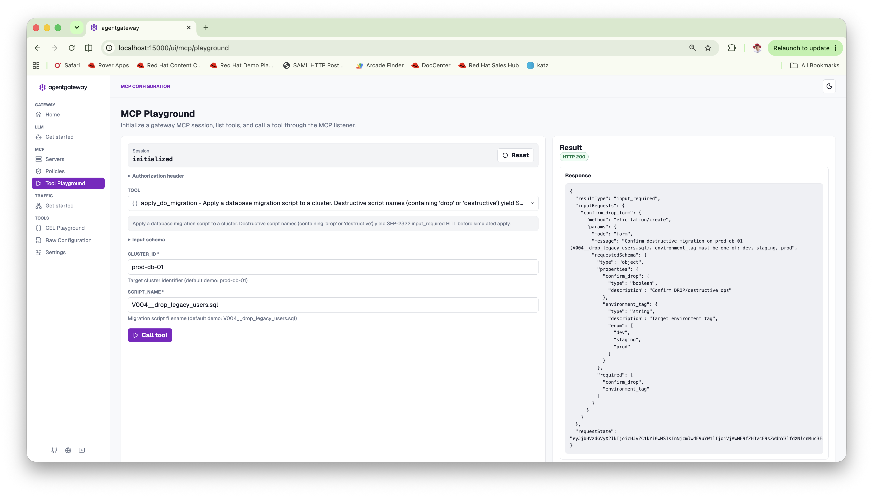 agentgateway MCP Tool Playground showing apply_db_migration returning input_required with requestState